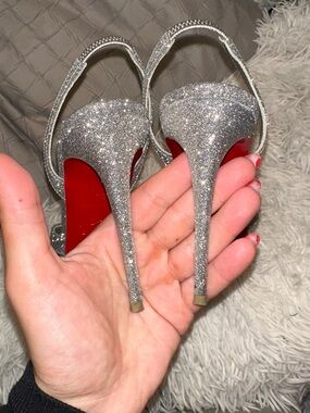 Christian Louboutin Silver Glitter Slingback Heels with Red Sole